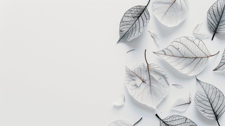 Gray leaves on white background. Minimal concept. Flat lay, top view.の素材