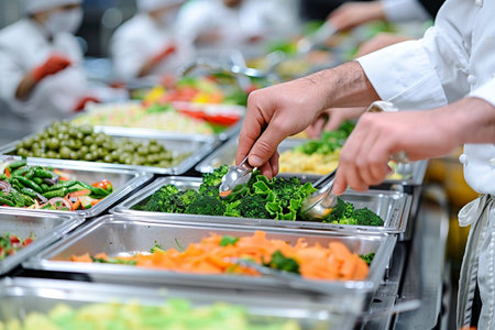 catering buffet in hotel restaurant - close up of hands with foodの素材