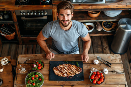 Smiling man cutting steak while standing at the table in the kitchenの素材