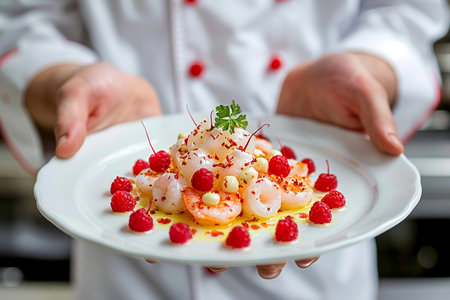 Chef holding a plate of shrimps and raspberriesの素材