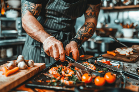 Chef is cooking shrimps in a restaurant kitchen. Hands of a chef with tattoos on his arms.の素材