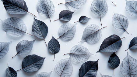 Gray leaves on a white background. Flat lay, top view.の素材