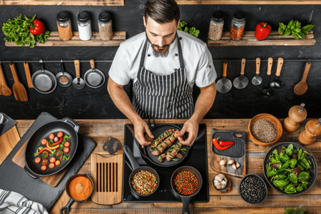 top view of a young man in apron cooking vegetable ragout at kitchenの素材