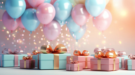 Gift boxes with ribbons and balloons. 3D rendering.の素材