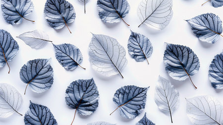 Blue leaves pattern on white background. Flat lay, top view.の素材