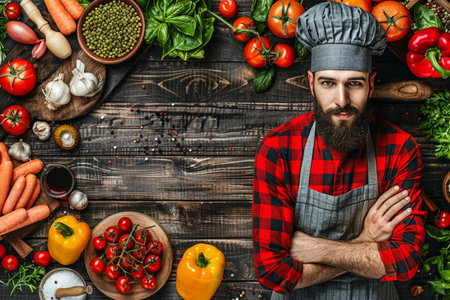 Portrait of a bearded man in a red checkered apron with vegetables.の素材