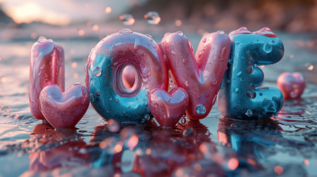 I love you written with water drops on the beach. 3d illustrationの素材