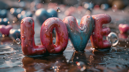 Love word written with water drops and heart-shaped balloons. Love conceptの素材