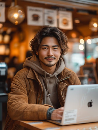 handsome asian man using laptop in coffee shop and looking at cameraの素材