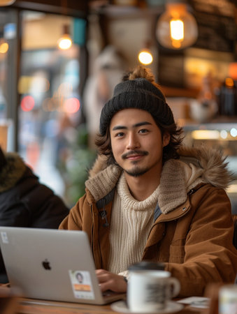 Handsome young man using laptop in a coffee shop in winterの素材