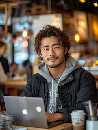 Handsome asian man working on laptop computer in coffee shopの素材