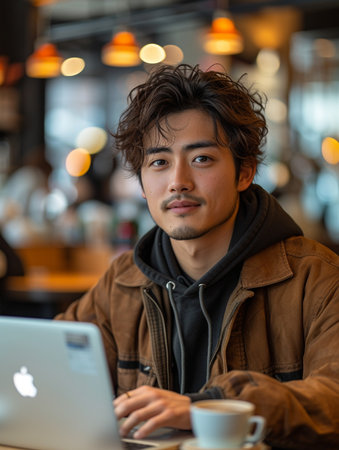 Handsome asian man using a laptop in a coffee shopの素材