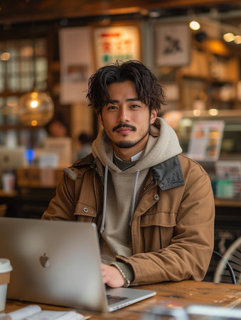 young asian man using laptop in coffee shop, lifestyle people conceptの素材