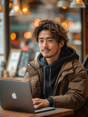 young asian man using laptop at coffee shop terrace in winterの素材