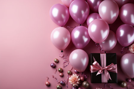 Gift box with pink balloons and confetti on pink background, top viewの素材