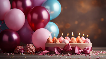 Birthday cupcakes with candles and balloons on table, closeupの素材
