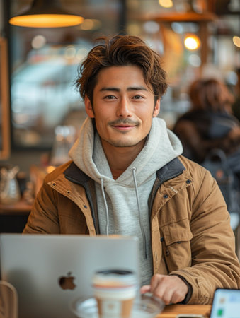 Handsome asian man using laptop computer in coffee shop.の素材