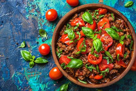 Buckwheat porridge with minced meat, tomatoes and basil in a wooden bowl on a blue backgroundの素材