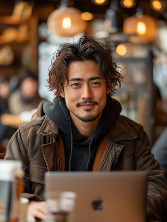 Portrait of a young handsome man using laptop in a coffee shopの素材