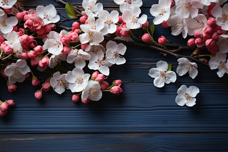 Beautiful blossoming branches on wooden background, flat lay. Space for textの素材