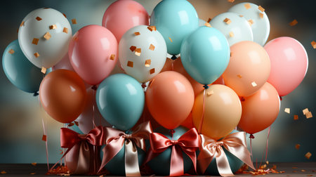 Bunch of colorful balloons with ribbons and confetti. 3d renderingの素材