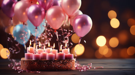 Birthday candles with balloons on wooden table against bokeh lightsの素材