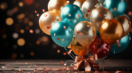 Colorful balloons and confetti on wooden table. Festive backgroundの素材