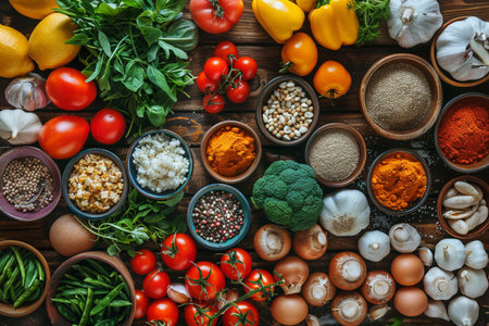 Variety of spices and vegetables on wooden background. Top view.の素材