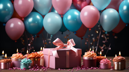 Birthday presents and candles on wooden table against blurred background with balloonsの素材