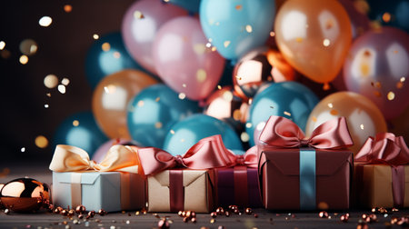 Gift boxes and colorful balloons on wooden table. Holiday concept.の素材