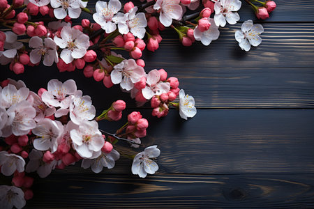 cherry blossom on wooden background with copy space, top viewの素材