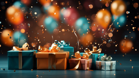 Gift boxes with ribbons on bokeh background. 3D renderingの素材