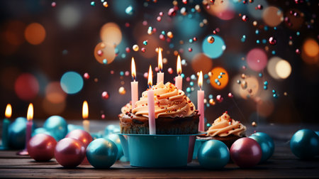 Birthday cupcake with candles and christmas balls on wooden tableの素材