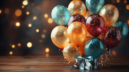 Colorful balloons and gift box on wooden table. Bokeh effectの素材