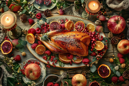 Christmas and New Year still life with roasted turkey, berries, apples and candlesの素材
