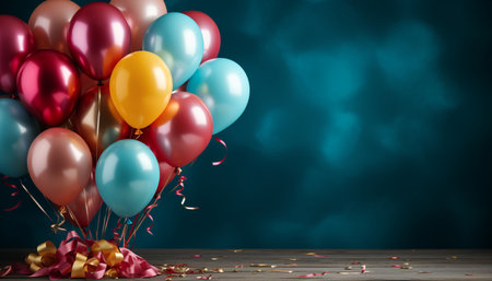 Colorful balloons with confetti and ribbons on wooden table against dark backgroundの素材