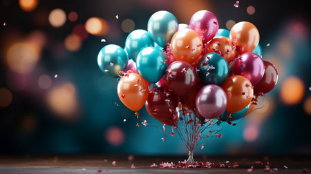 Celebration concept with bunch of colorful balloons on bokeh backgroundの素材
