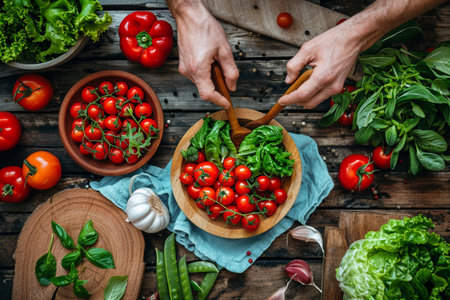 Hands of a man preparing a salad with fresh tomatoes, basil and garlic on a wooden tableの素材