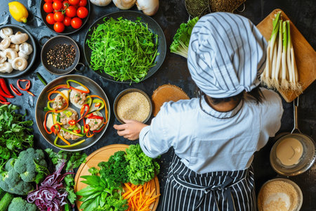 Top view of young woman in apron cooking healthy vegetable salad.の素材
