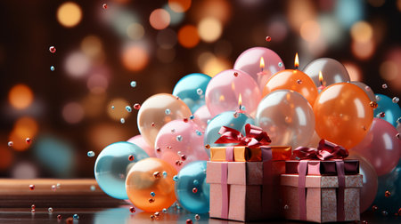 Gift box with colorful balloons and confetti on bokeh backgroundの素材