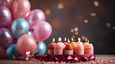 Birthday cupcakes with candles and balloons on wooden table, closeupの素材