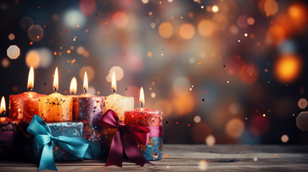 Burning candles and gift boxes on wooden table with bokeh backgroundの素材