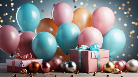 Gift box with colorful balloons and confetti on bokeh backgroundの素材