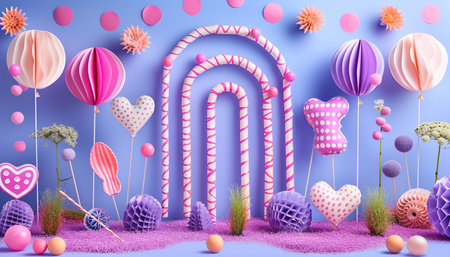 3d illustration of easter theme background with rainbow and flowers.の素材