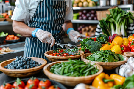 cropped shot of male chef in apron holding spoon with fresh vegetablesの素材