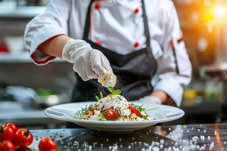 Chef in restaurant kitchen preparing and decorating dish, chef decorating dish, Chef decorating dish with fresh tomato and mozzarellaの素材