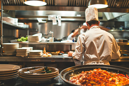 Chef preparing food in the kitchen of a restaurant or hotel.の素材