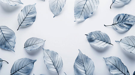 Creative layout made of blue leaves on white background. Flat lay, top view minimal nature concept.の素材