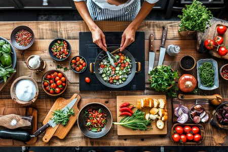 top view of woman cooking salad with tomatoes and herbs on wooden tableの素材