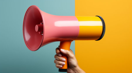 Female hand holding a megaphone on a yellow and blue backgroundの素材